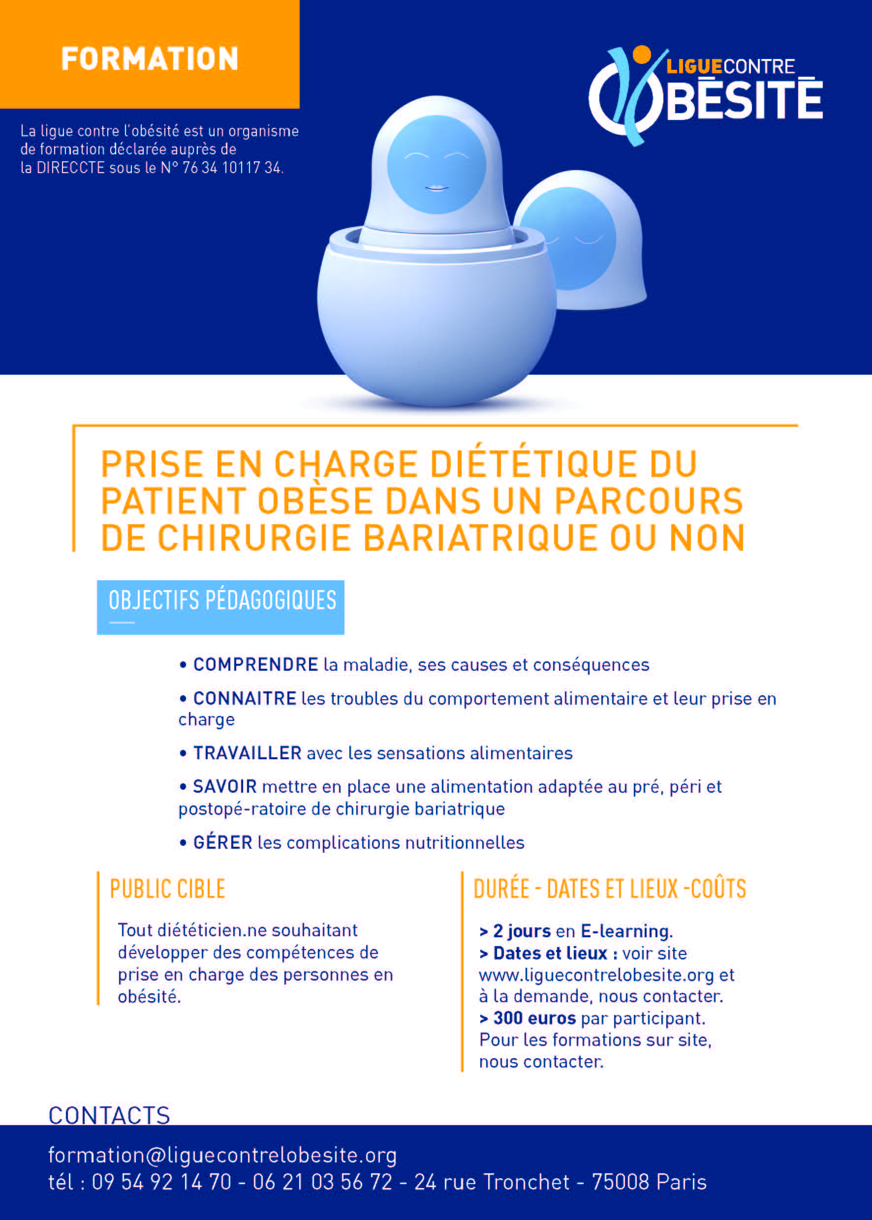 La Ligue contre l’obésité organise ses prochains rendez-vous Formation les 20 mars et 10 avril 2021. Ces séances réalisées en e-learning s’adressent à toute personne, professionnels de santé, patients ou autres, désirant développer des compétences de prise en charge des personnes en situation d’obésité. Parmi les sujets abordés lors des sessions : la connaissance de la maladie, les troubles du comportement alimentaire, etc.